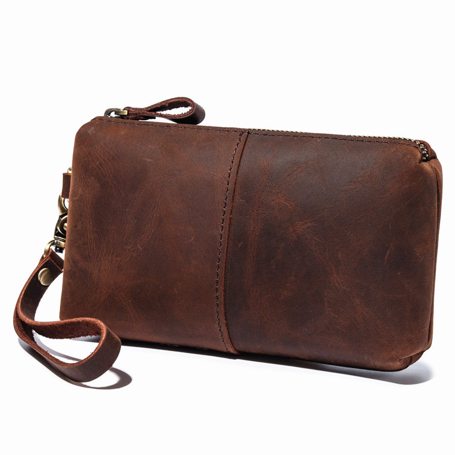 Crazy Horse Leather Simple Retro Long Purse Clutch Bag Dark brown