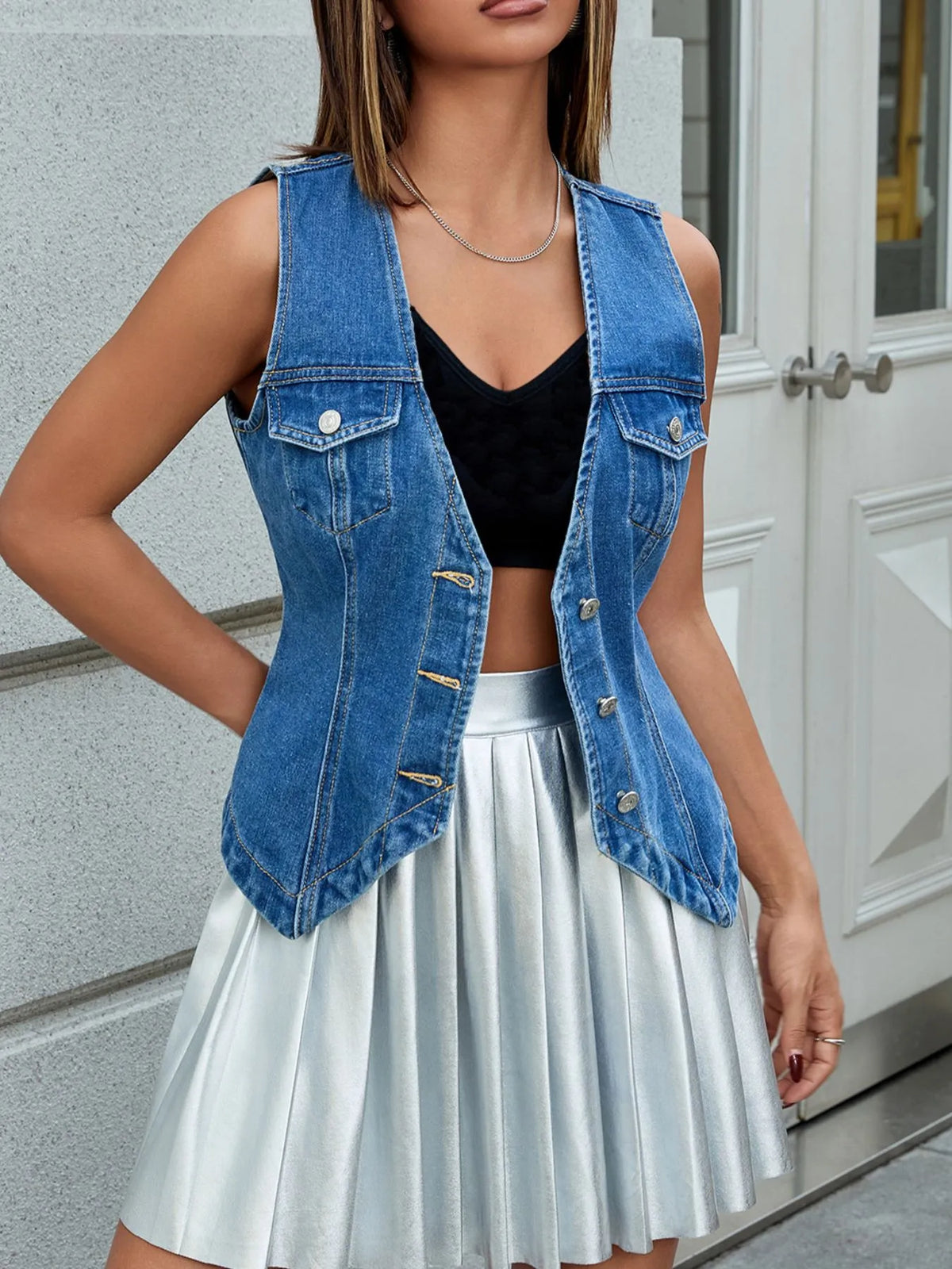 V-Neck Button-Front Denim Vest