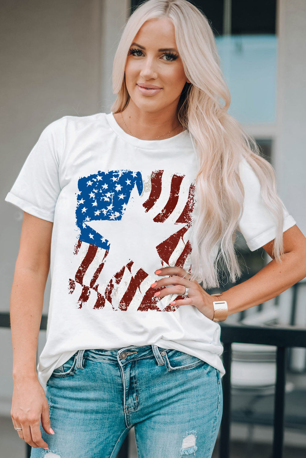 US Flag Graphic Round Neck Tee White