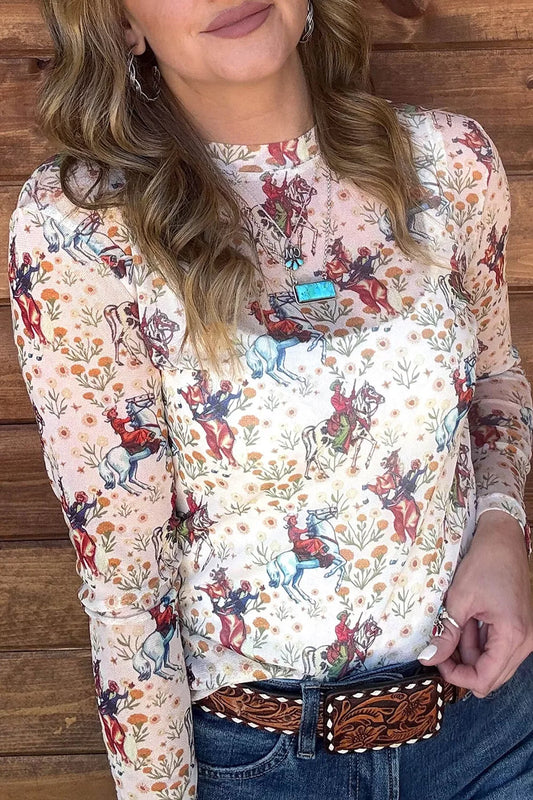 Cowboy Print Mesh Long Sleeve Top Beige