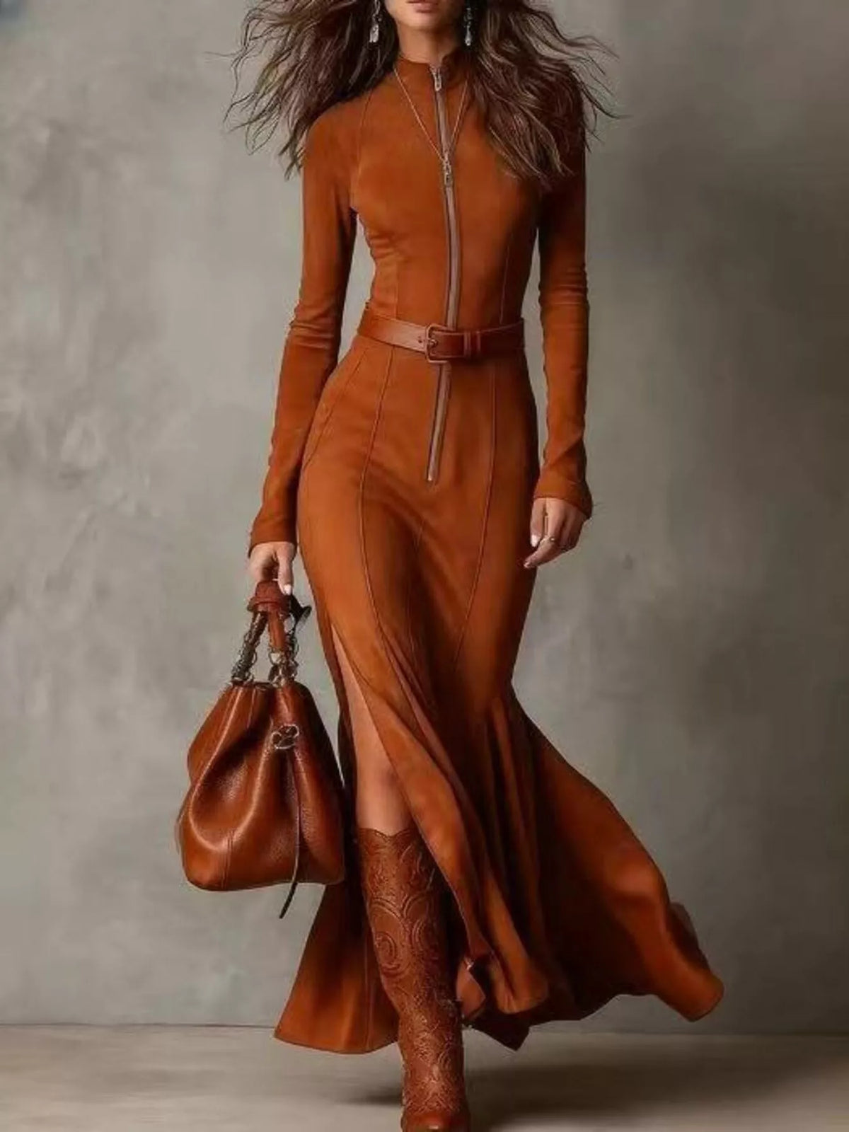 Zipper Front Long Sleeve Slit Maxi Dress Orange-red