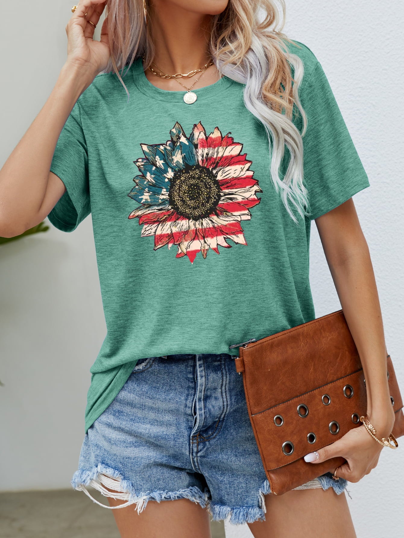 US Flag Flower Graphic Tee in Size S, M, L, XL Gum Leaf