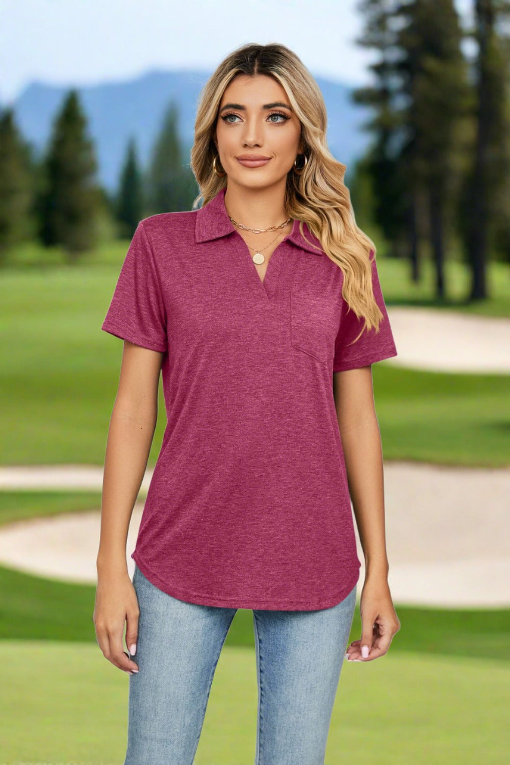 Curved Hem Johnny Collar Polo Shirt in 7 Color Choices in Size S, M, L, XL, 2XL Magenta