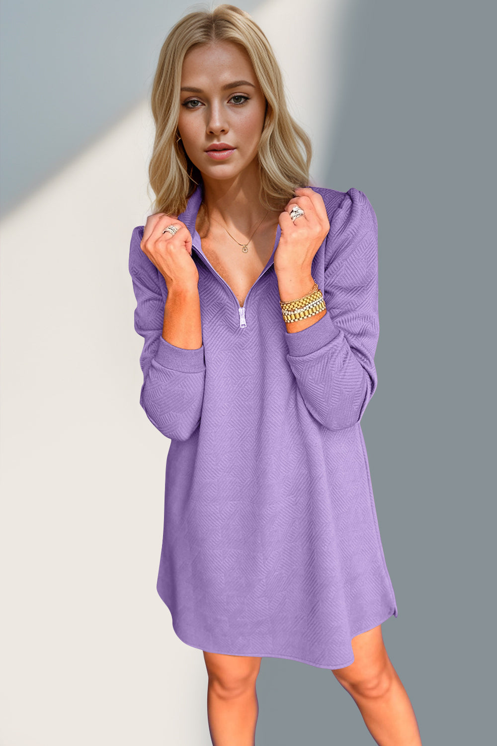 Double Take Textured Quarter Zip Long Sleeve Dress Lavender