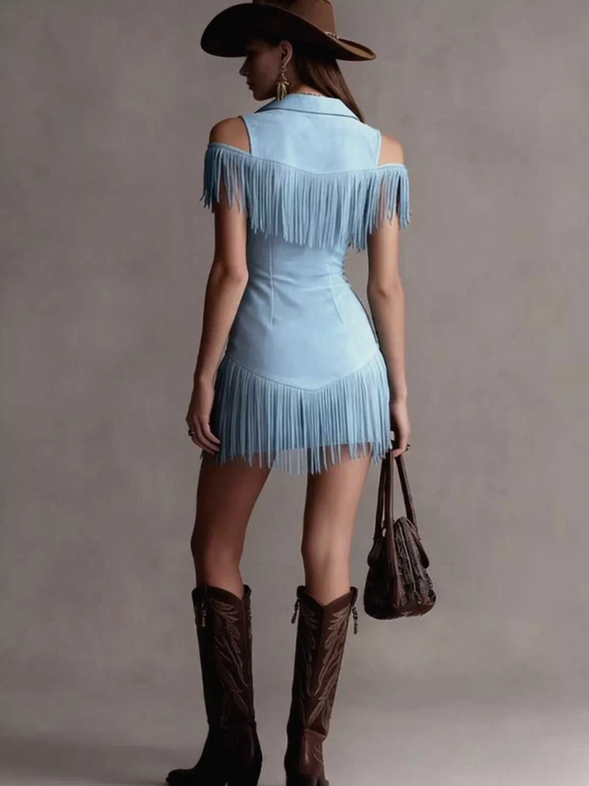 Cold Shoulder Mini Dress with Fringe