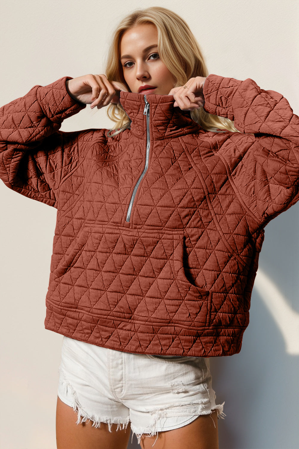 Half Zip Quilted Sweatshirt with Pockets Caramel