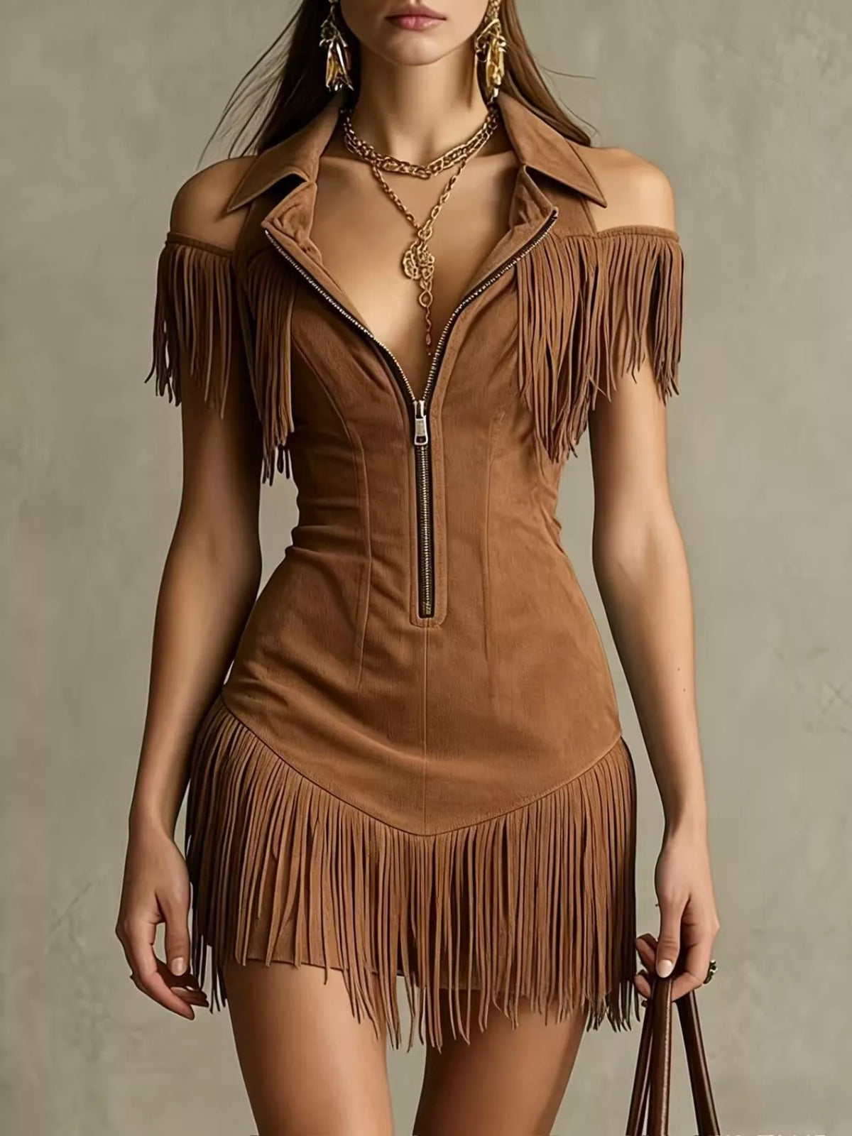 Cold Shoulder Mini Dress with Fringe