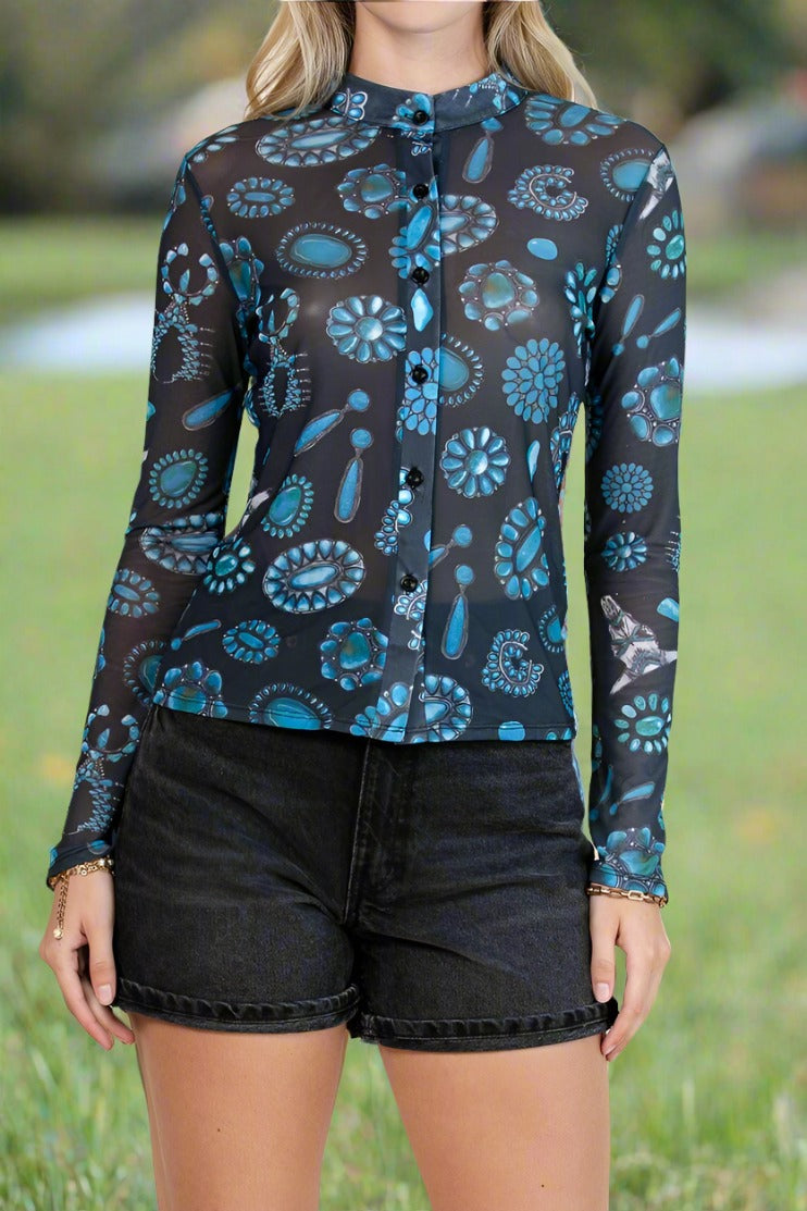 Western Turquoise Print Top by Nylon Apparel in Size S, M, L