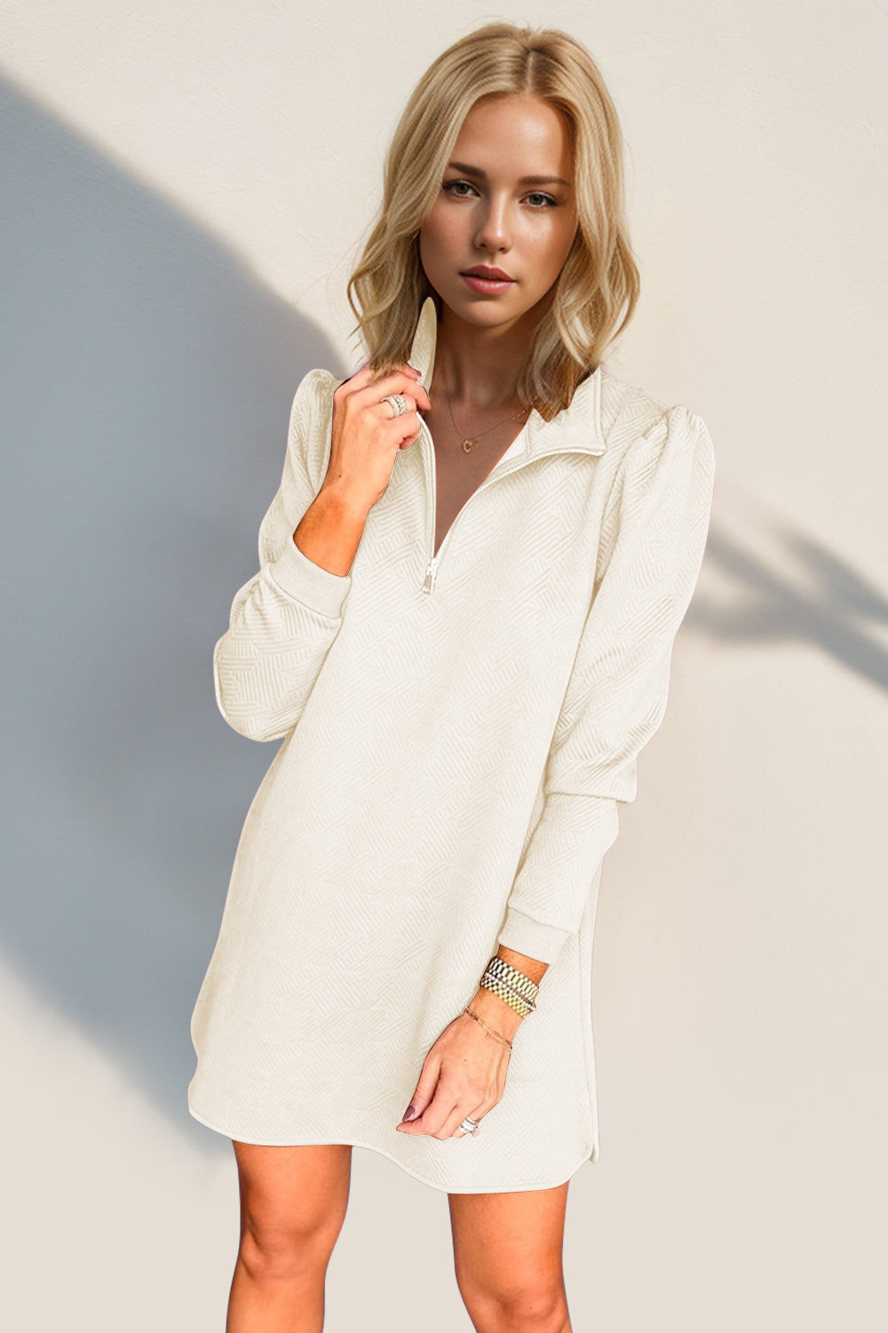 Double Take Textured Quarter Zip Long Sleeve Dress Cream