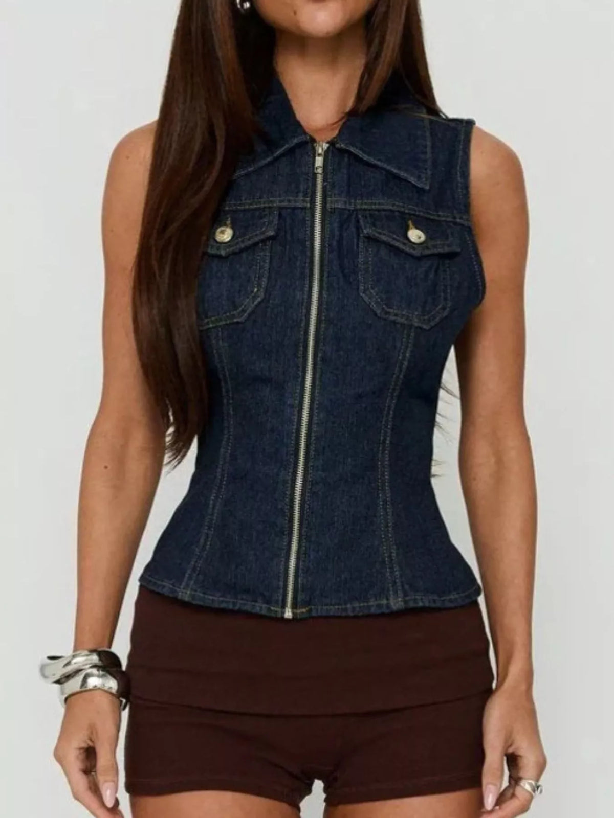 Sleeveless Zip-Up Denim Vest Dark Blue
