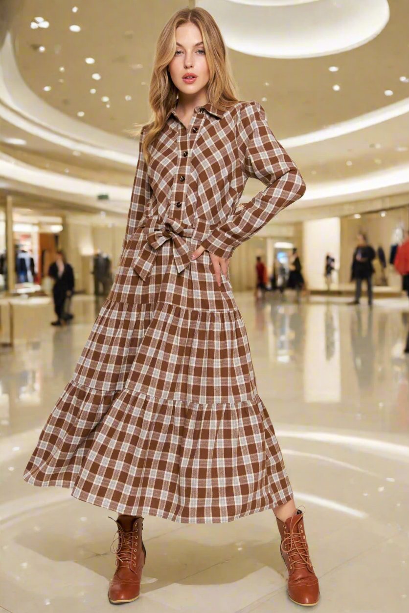 Plaid Tiered Midi Shirt Dress Brown