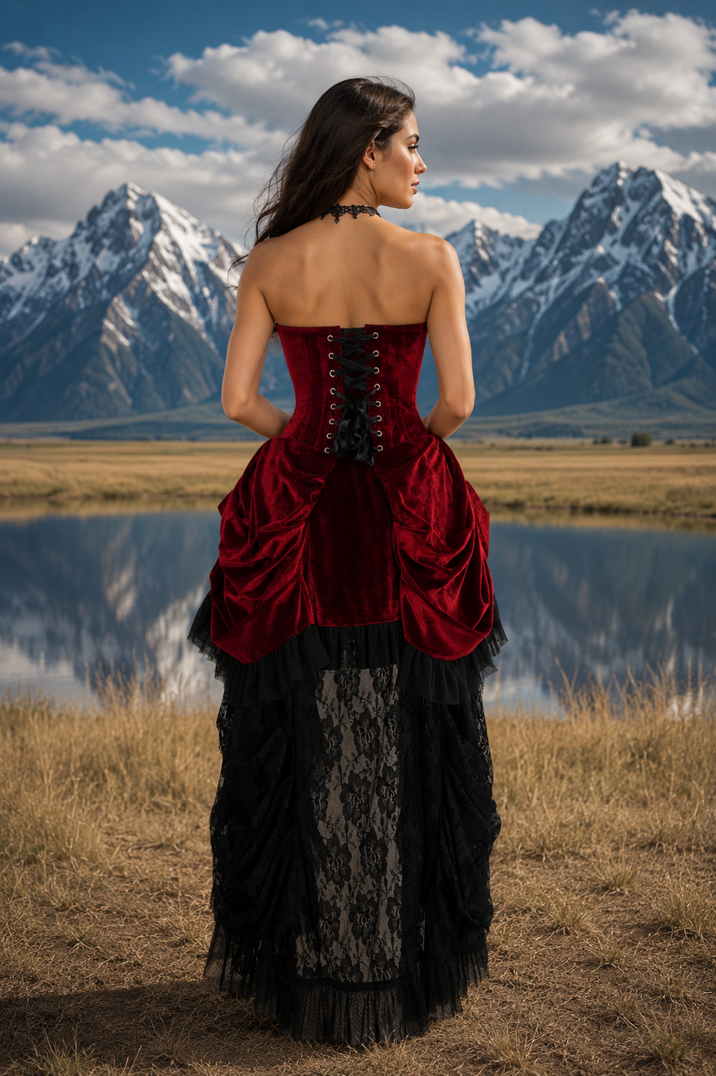Dark Red Velvet Victorian Bustle Under Bust Corset Dress