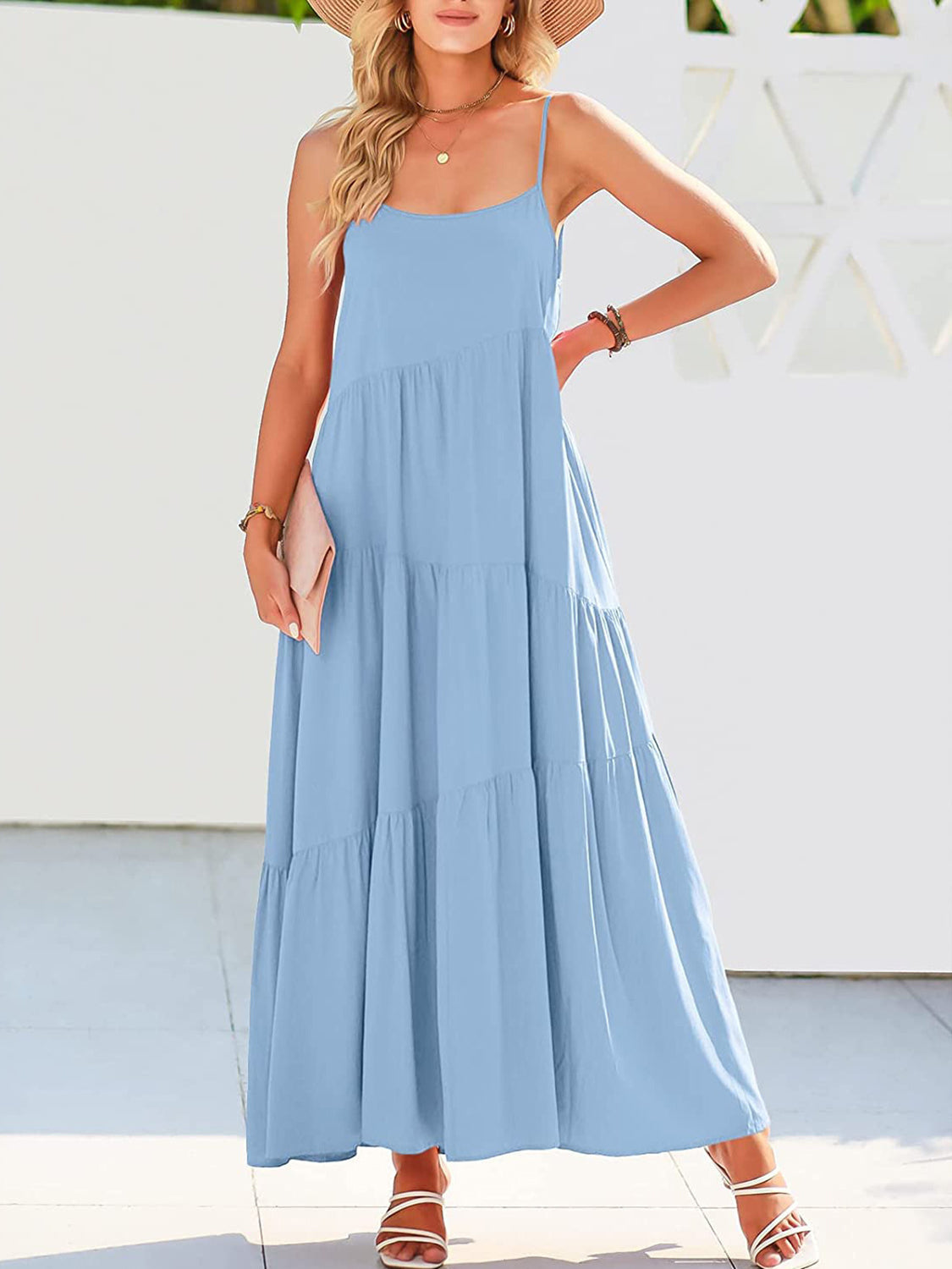 Ruched Tiered Spaghetti Strap Dress Misty Blue