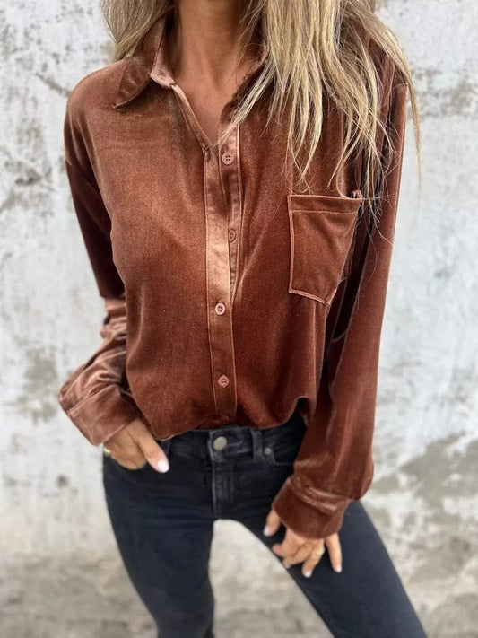 Velvet Button Up Long Sleeve Shirt Coffee