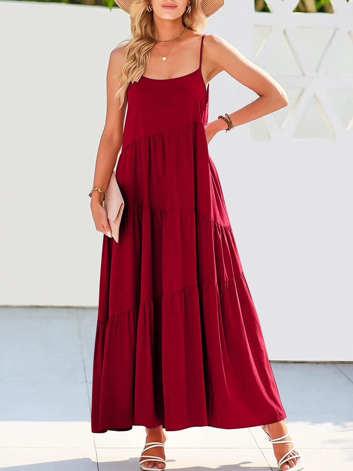 Ruched Tiered Spaghetti Strap Dress Scarlet