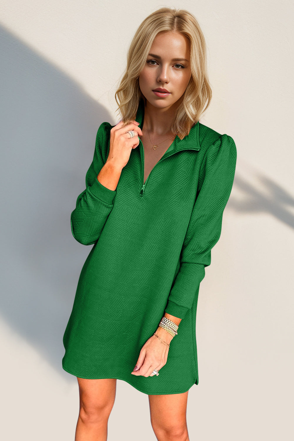 Double Take Textured Quarter Zip Long Sleeve Dress Green