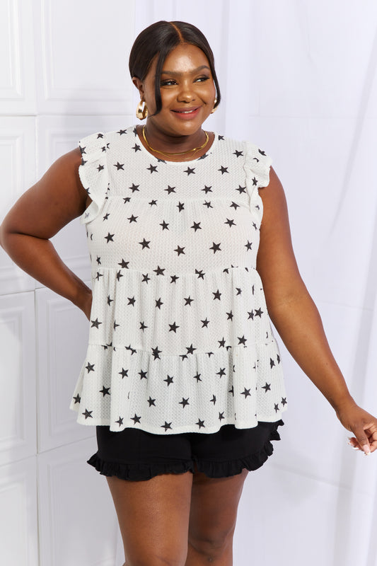 Heimish Shine Bright Full Size Butterfly Sleeve Star Print Top in Size S, M, L, XL, 2XL, 3XL White