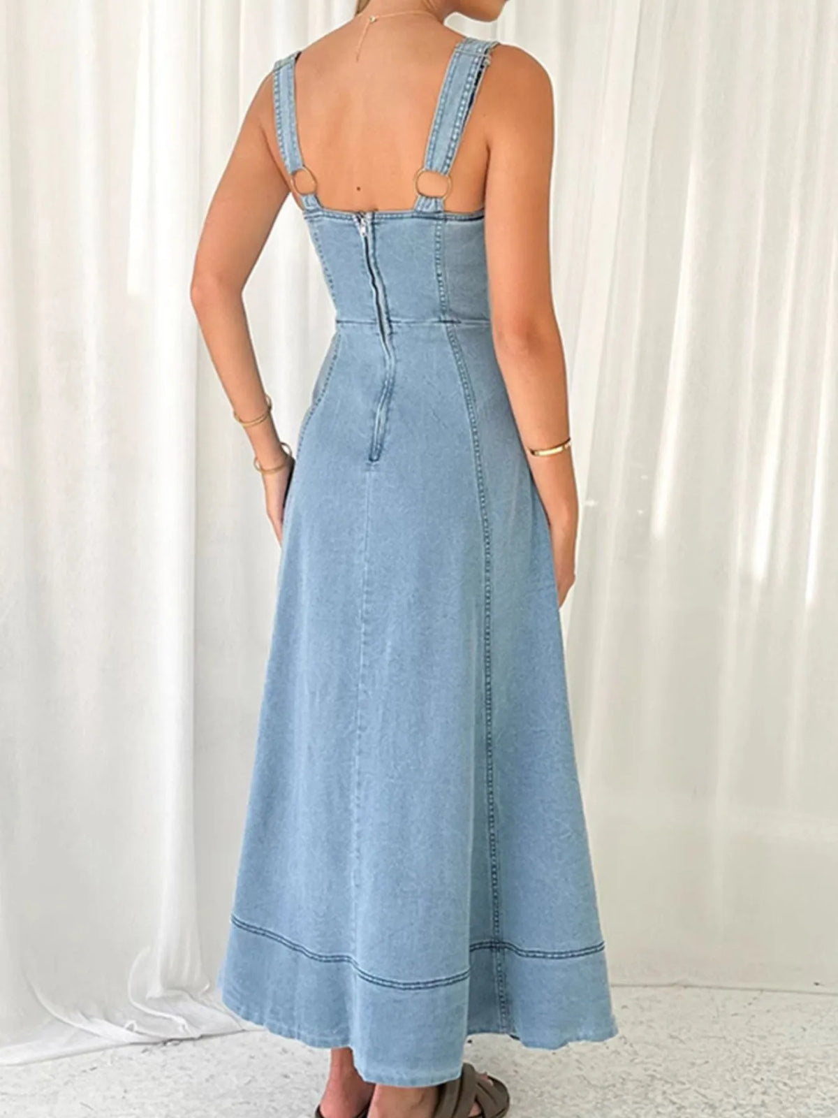 Wide Strap Sweetheart Neck Denim Dress