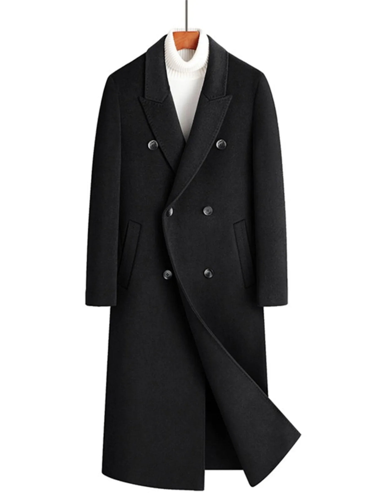 Men's Plus Size Double-Breasted Long Wool Coat Black