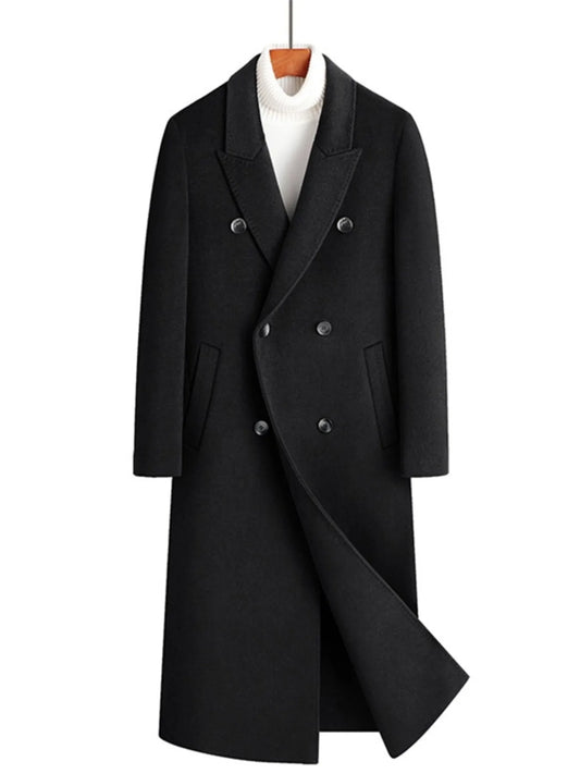 Men's Plus Size Double-Breasted Long Wool Coat Black