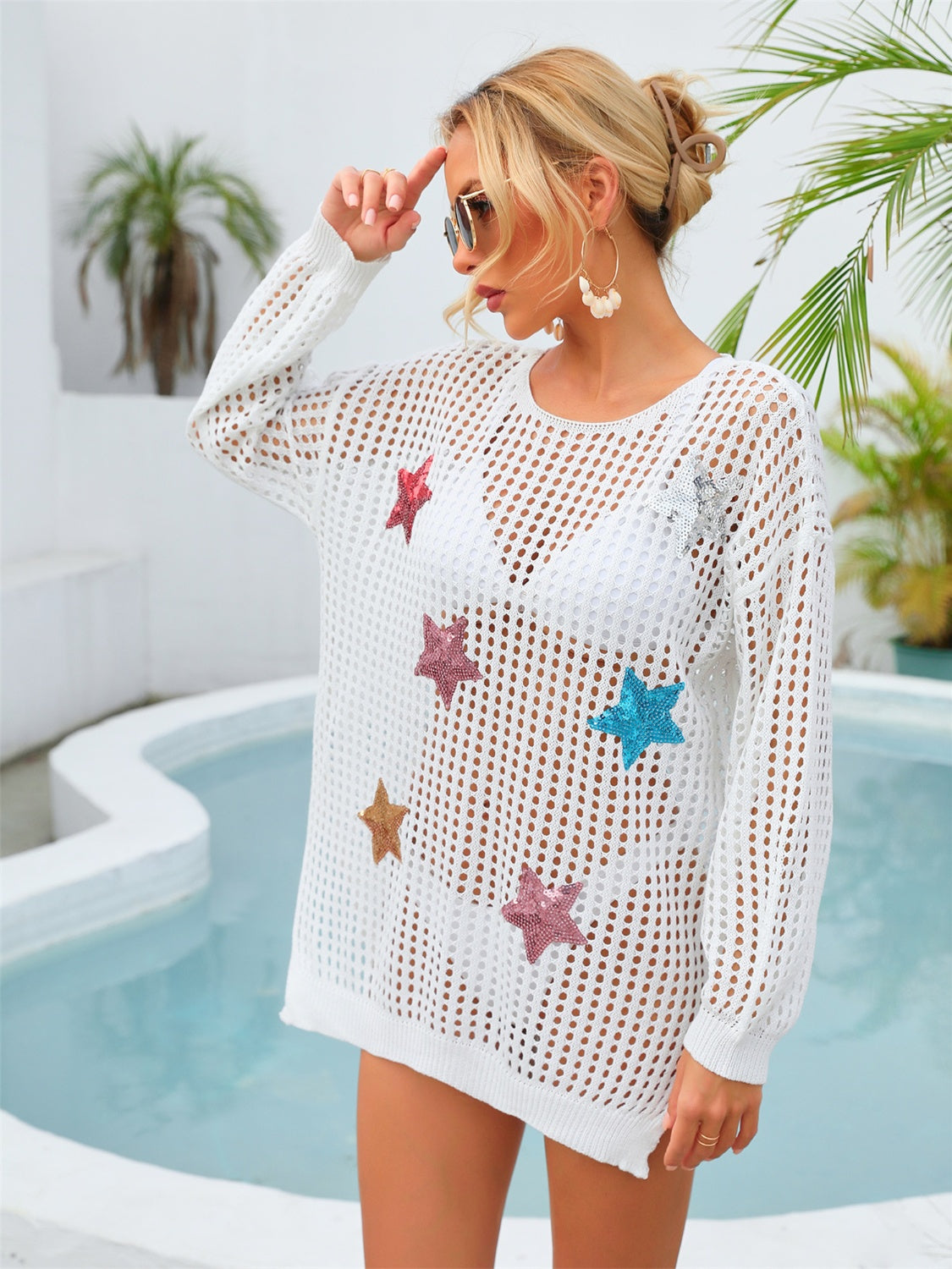 Sequin Star Round Neck Long Sleeve Cover Up in Size S, M, L, XL