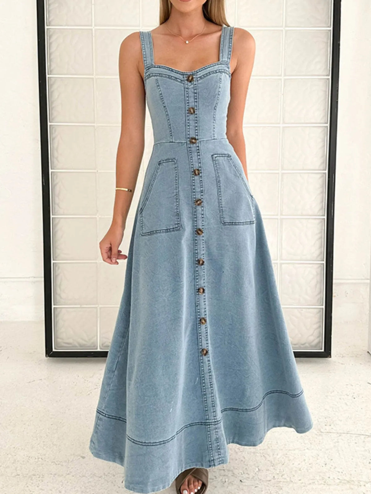 Wide Strap Sweetheart Neck Denim Dress Light Blue