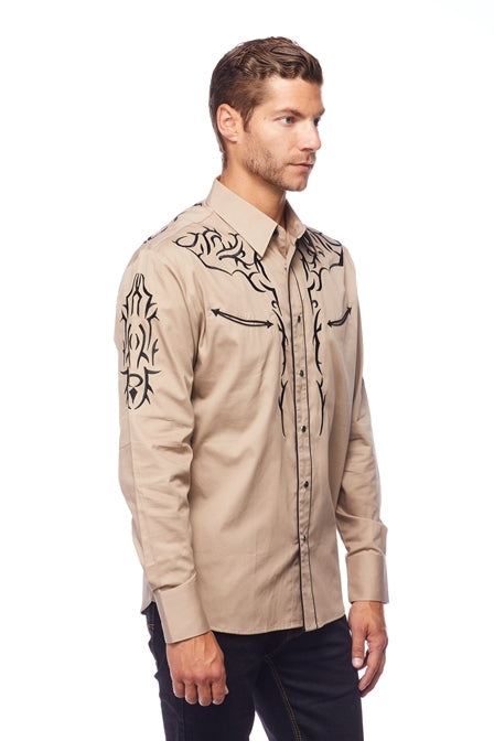 Gold Buckle Cowboy Embroidered Tan Shirt by Rodeo Clothing in Size M, L, XL, or XXL