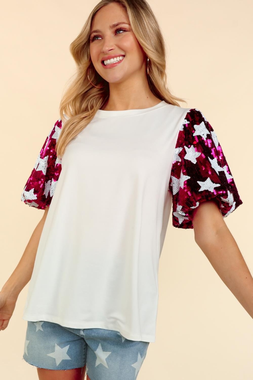 Star Sequin Bubble Short Sleeve Top in Size S, M, L