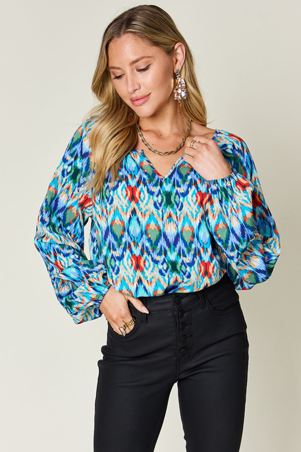 Double Take Full Size Printed Balloon Sleeve Blouse Sky Blue