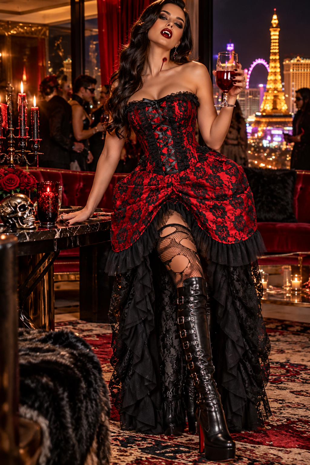 Red with Black Lace Overlay Bustle Corset Dress