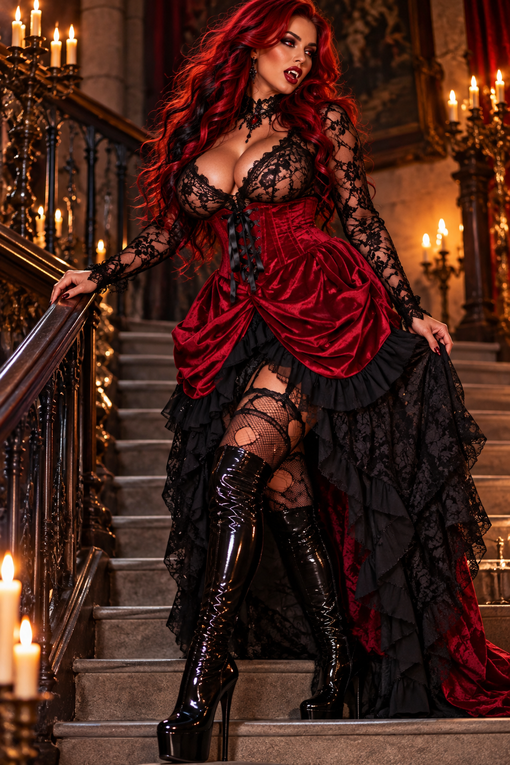 Dark Red Velvet Victorian Bustle Under Bust Corset Dress