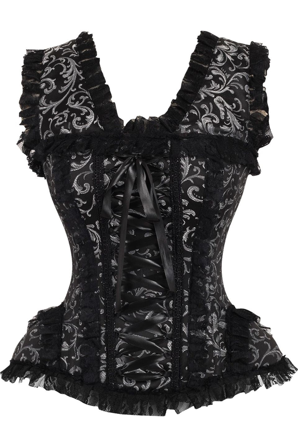 Silver and Black Swirl Brocade and Lace Steel Boned Corset with Cap Sleeves