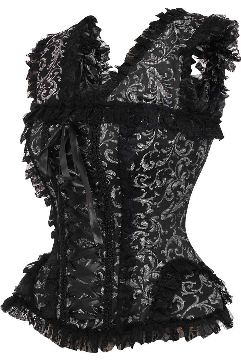 Silver and Black Swirl Brocade and Lace Steel Boned Corset with Cap Sleeves