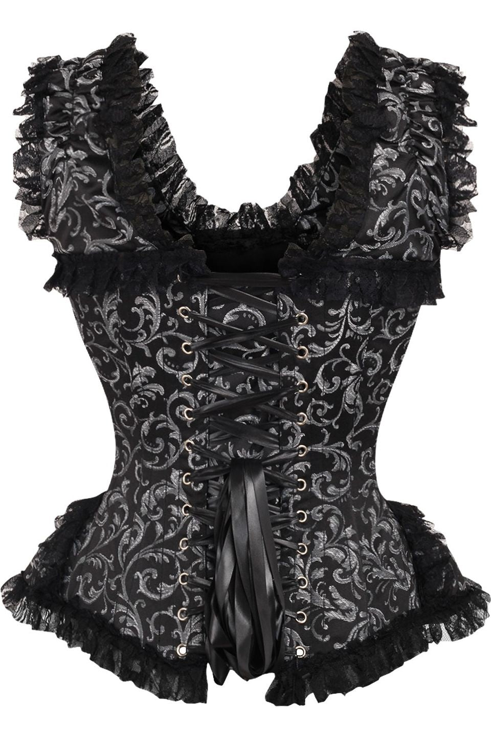 Silver and Black Swirl Brocade and Lace Steel Boned Corset with Cap Sleeves