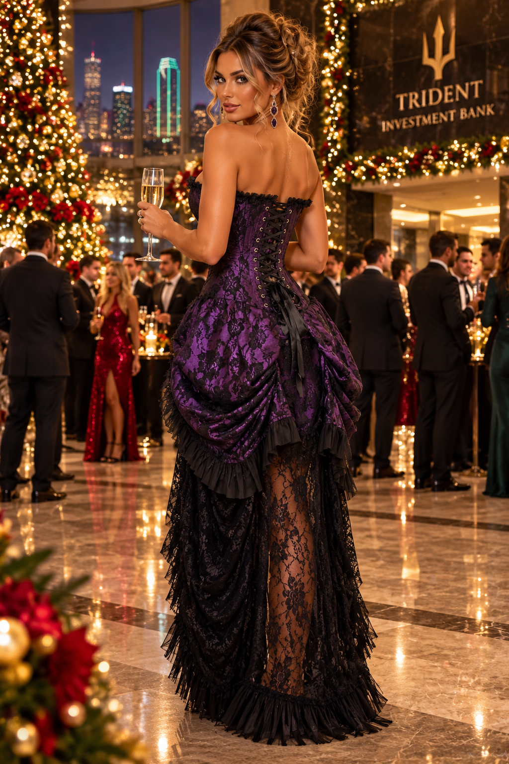Purple with Black Lace Overlay Bustle Corset Dress