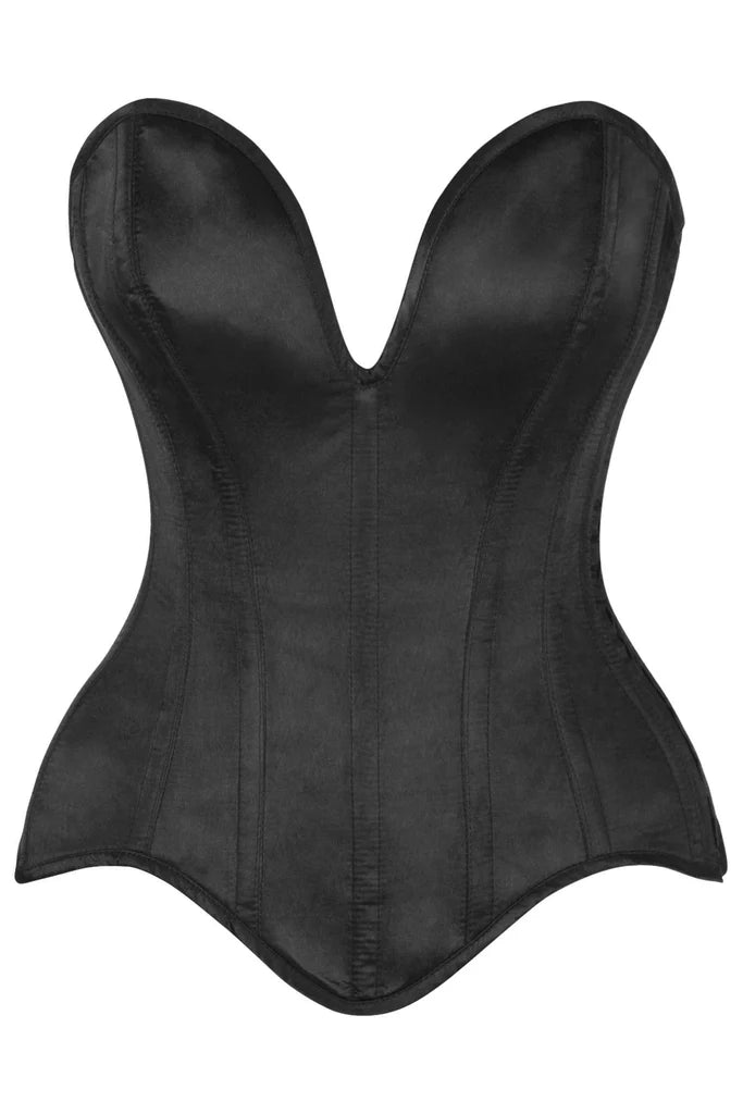 Top Drawer Steel Boned Black Satin Plunge Neckline Overbust Corset