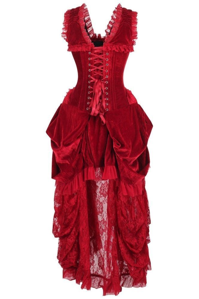 Dark Red Velvet Victorian Bustle Corset Dress