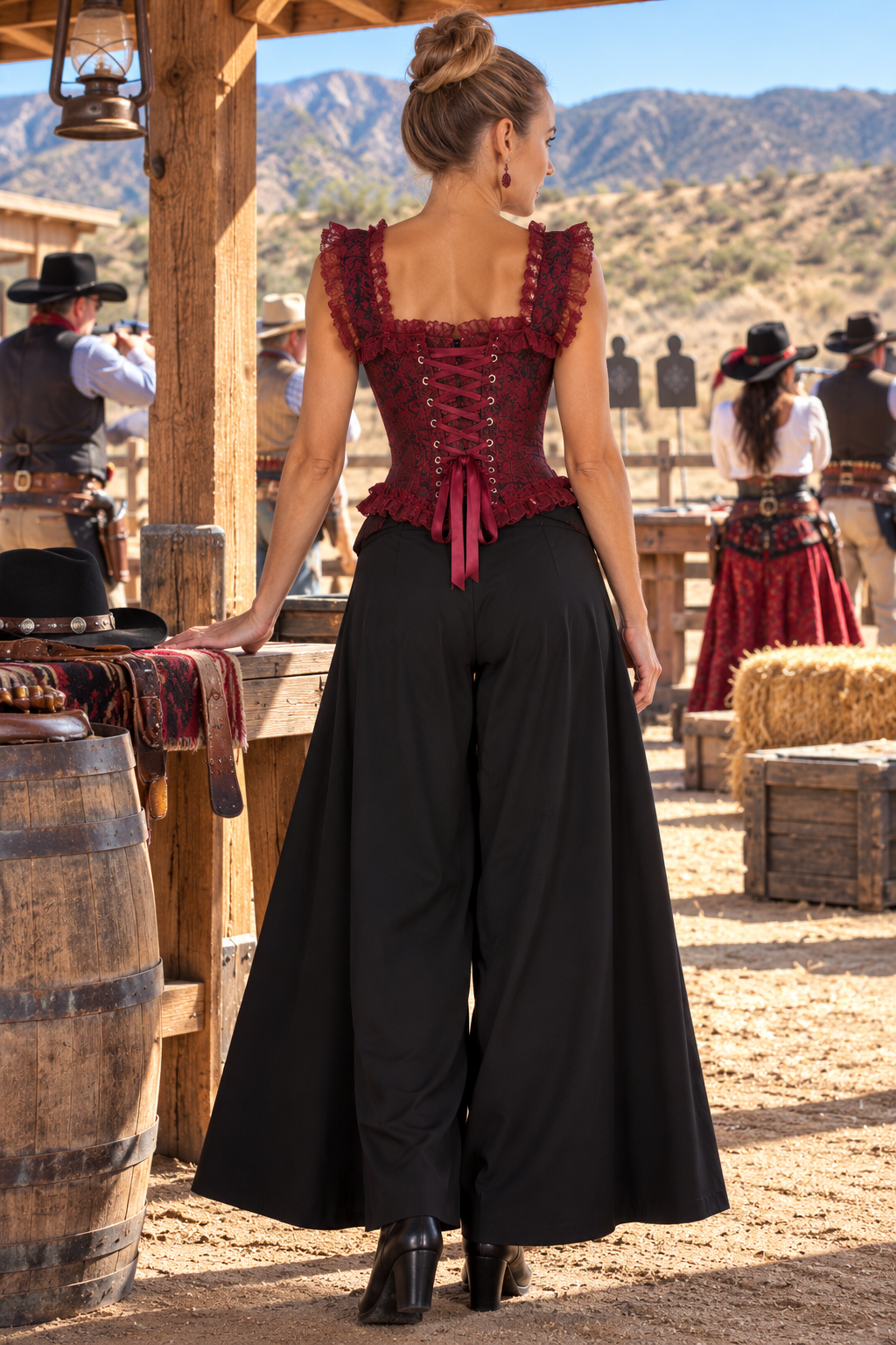Red and Black Brocade and Lace Steel Boned Corset