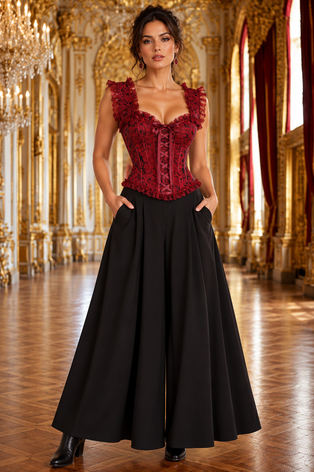 Red and Black Brocade and Lace Steel Boned Corset