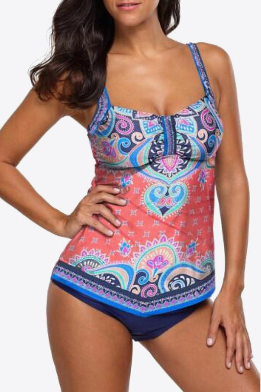 Printed Adjustable Strap Tankini Set in Size M, L, XL, or 2XL Multicolor