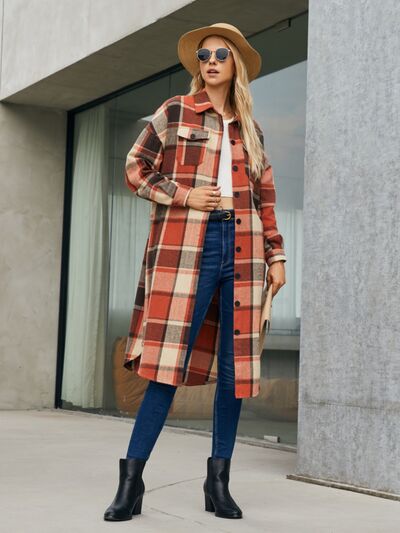 Plaid Pocketed Button Up Trench Coat Red Orange