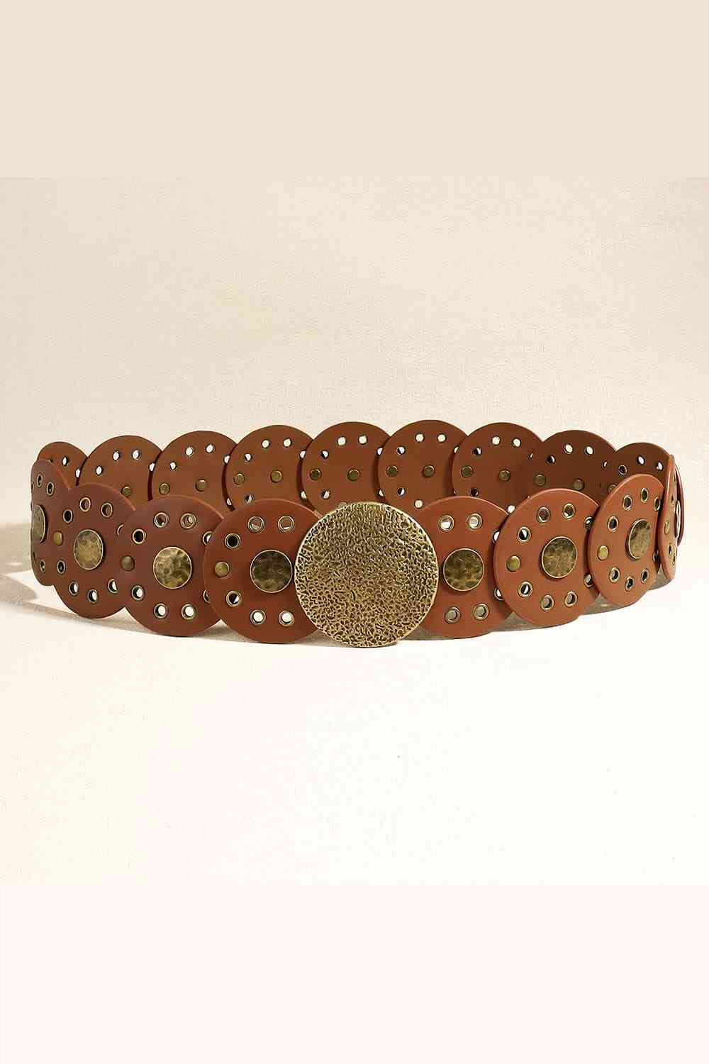 Round Shape PU Leather Belt Brown Style A One Size