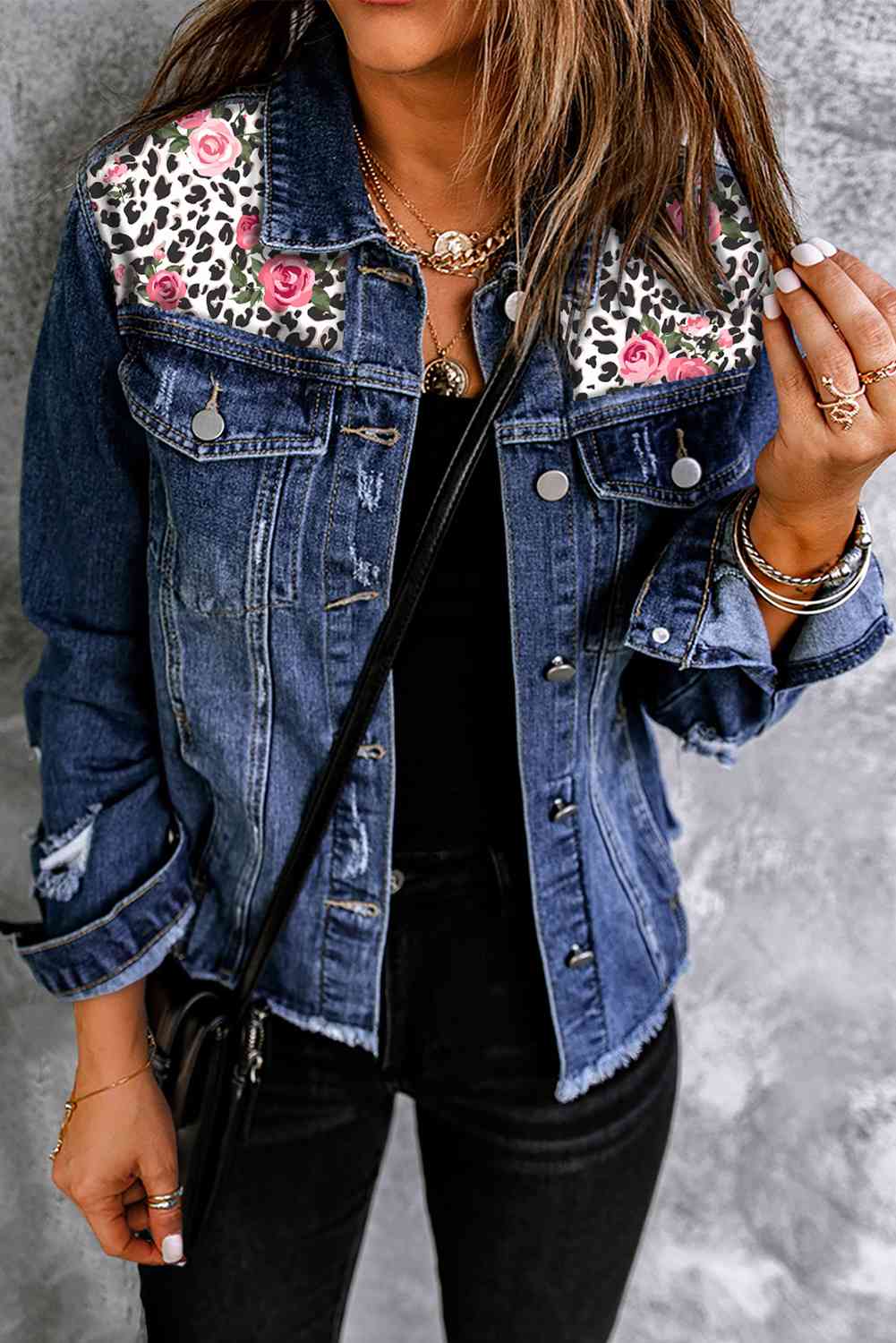 Mixed Print Distressed Button Front Denim Jacket Floral Denim