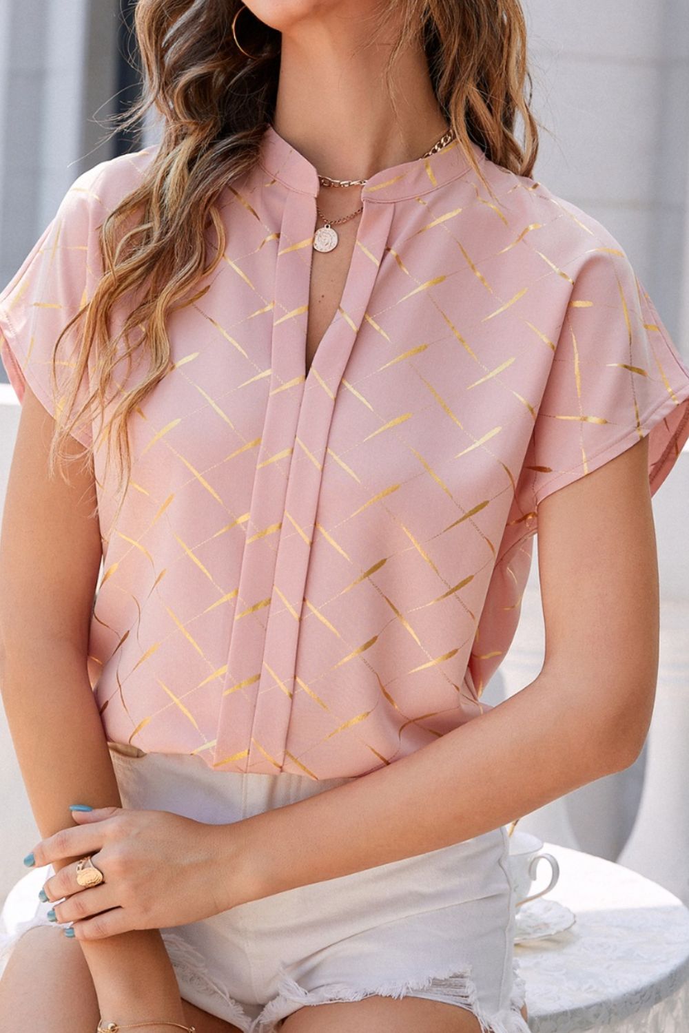 Printed Notched Short Sleeve Blouse in Size S, M, or L