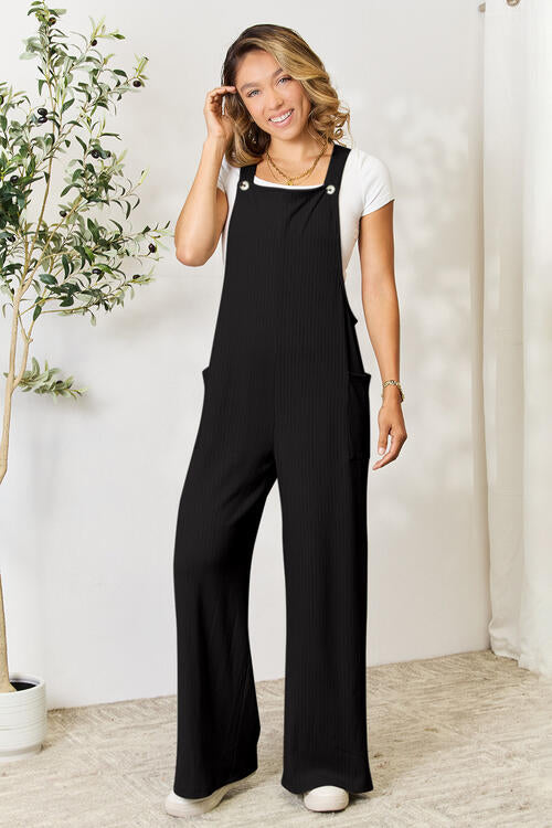 Double Take Full Size Wide Strap Overall with Pockets Black