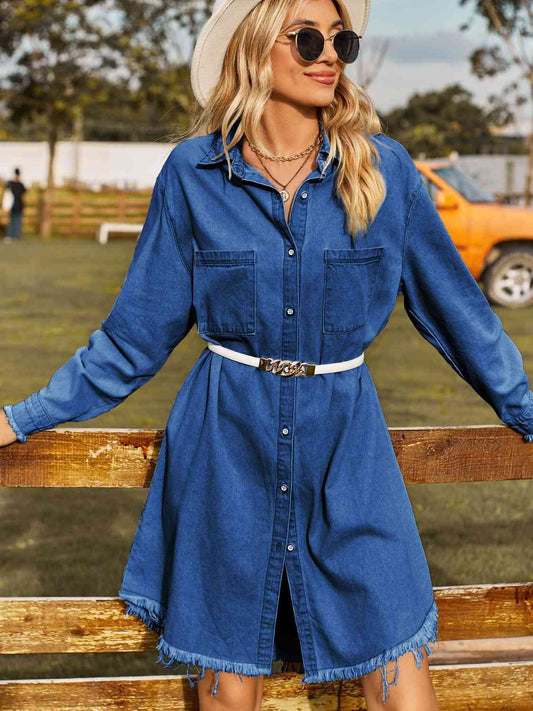 Button Up Collared Neck Raw Hem Denim Dress in 2 Color Choices in Size S, M, L, or XL