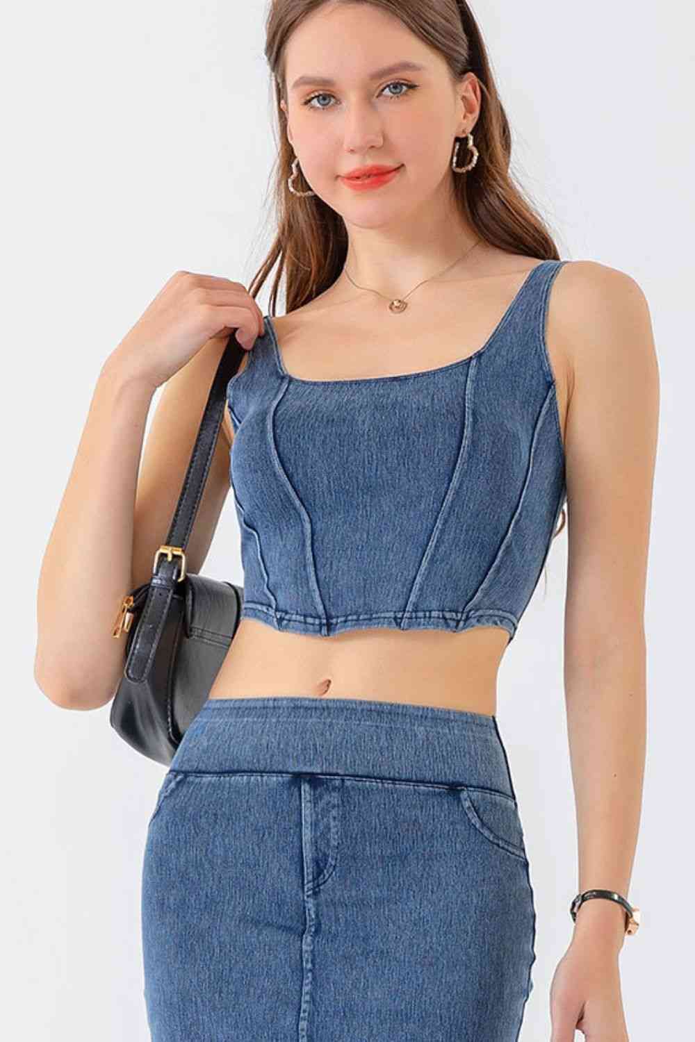 Seam Detail Cropped Denim Tank in 4 Color Choices in Size S, M, L, XL, or 2XL