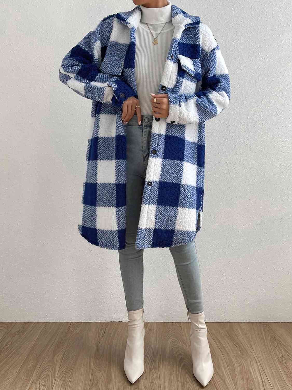 Plaid Collared Neck Button Down Coat Royal Blue