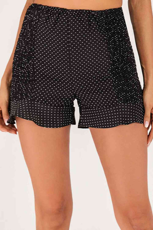 Polka Dot Smocked Ruffle Hem Shorts Black