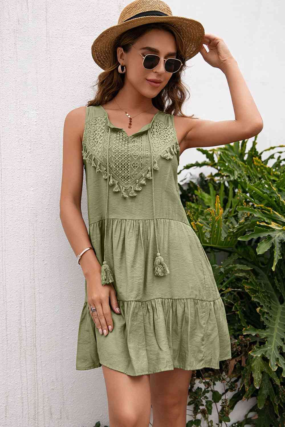 Tassel Tie Lace Trim Sleeveless Dress in 7 Color Choices in Size S, M, L, or XL Matcha Green